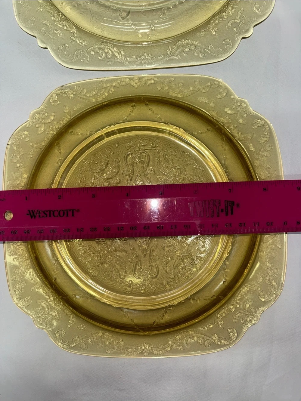 Vintage Amber Depression Glass Etched Square Luncheon Plates